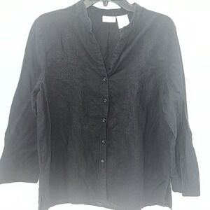 White Stag Shirt Large Black Button Front V Neck Floral Design